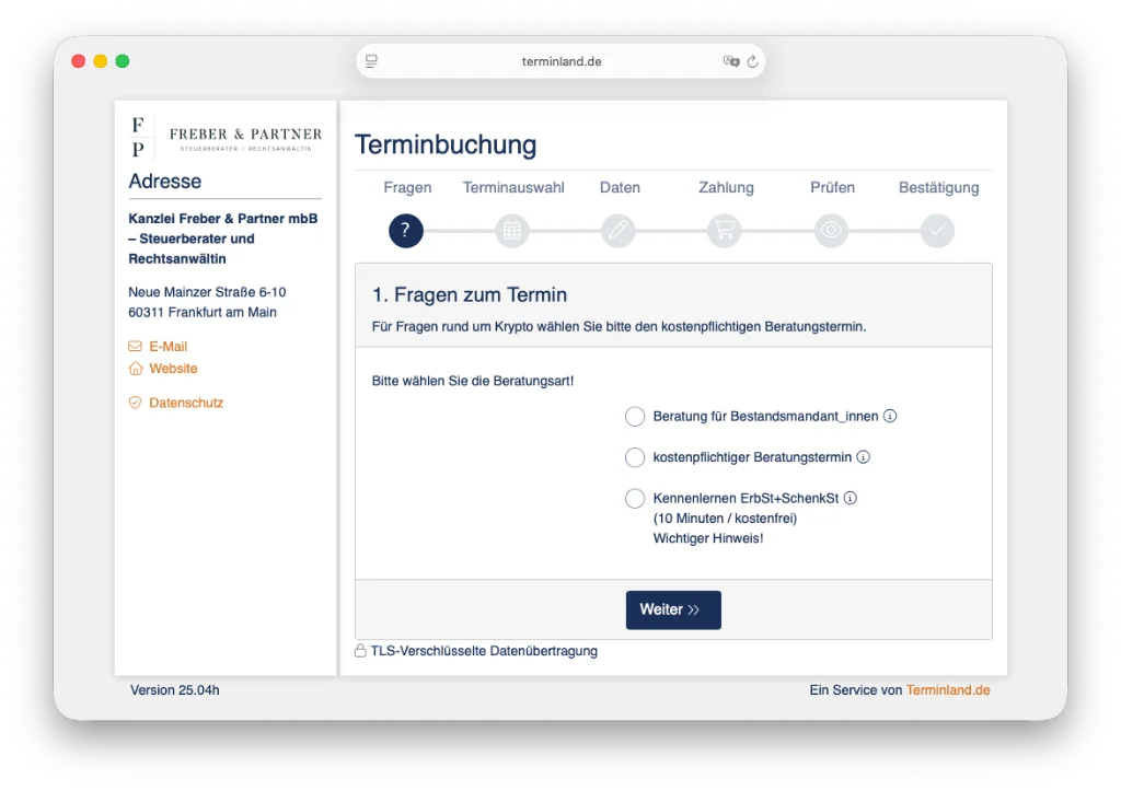 Vorschau der Terminland-Terminbuchung bei Freber & Partner mit Auswahl der Beratungsart und den Schritten bis zur Bestätigung