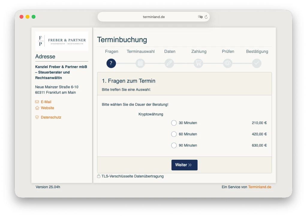 Vorschau der Terminland-Terminbuchung bei Freber & Partner mit Auswahl der Beratungsart und den Schritten bis zur Bestätigung